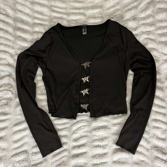 Y2K Crop Top Womens Large Black Long Sleeve Ribbed E-Girl Grunge Butterfly Clasp - Picture 1 of 8